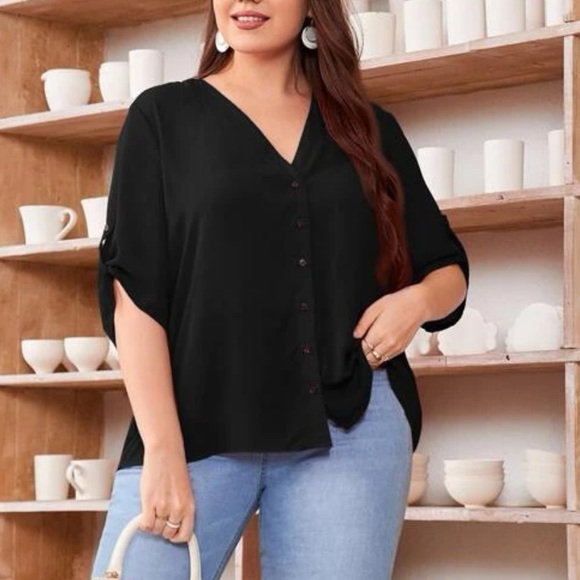 Roll tab mid length sleeves button up v neck boho blouse baby blue - Picture 12 of 14